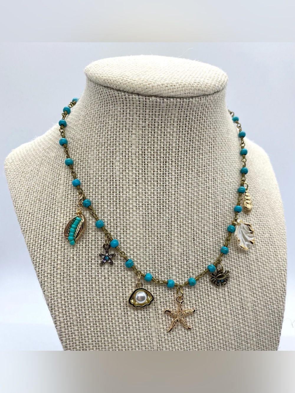 Blue Gold Beaded Necklace Beach Charms Boho Y2K Summer Preppy Eclectic Festival - Picture 15 of 15